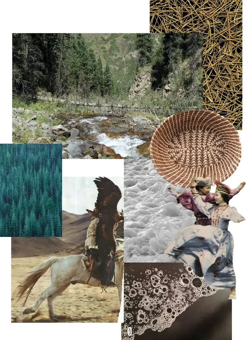Moodboard: mountain river, pine texture, woven basket, eagle hunter on horseback