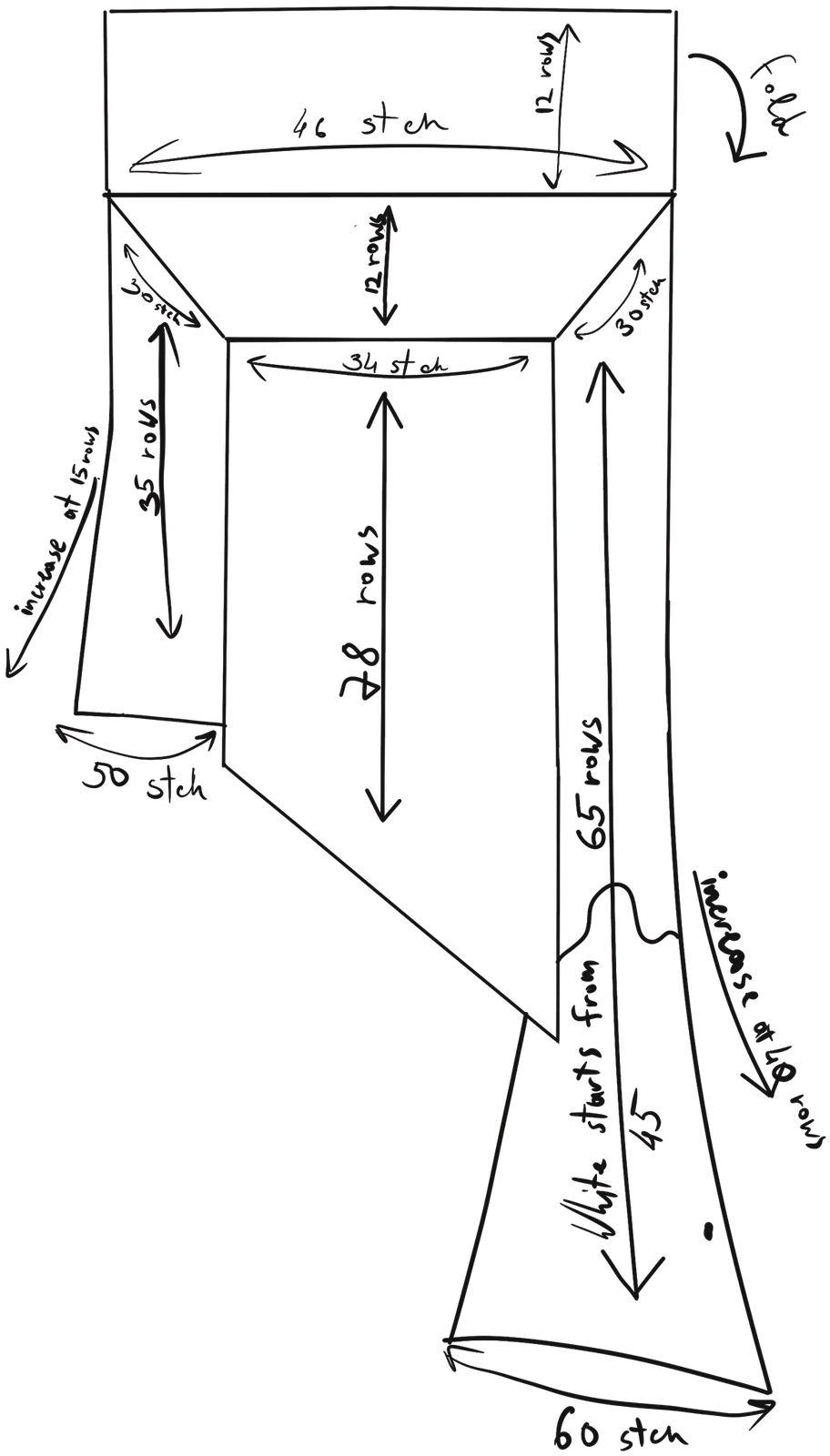 Hand-drawn schematic of the knitted piece with stitch and row counts