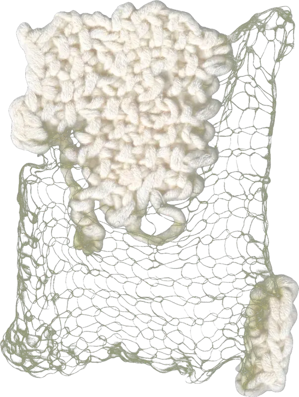 Knitted swatch: chunky white loops over a fine green mohair net