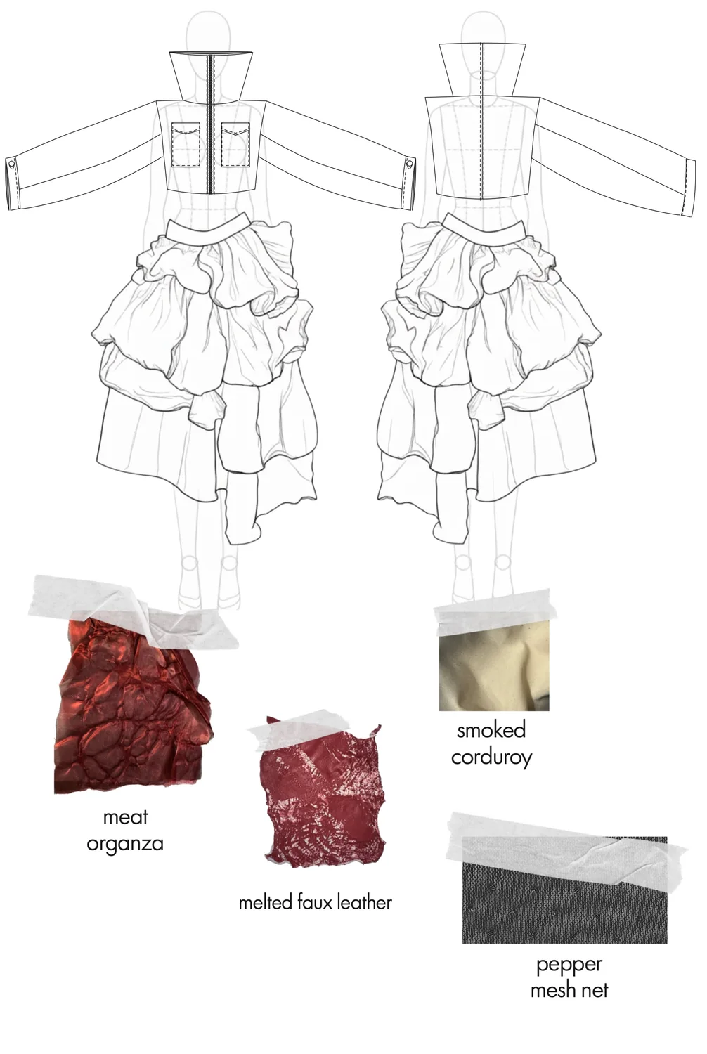 Winter Morning on the Meat Market, flats and material swatches