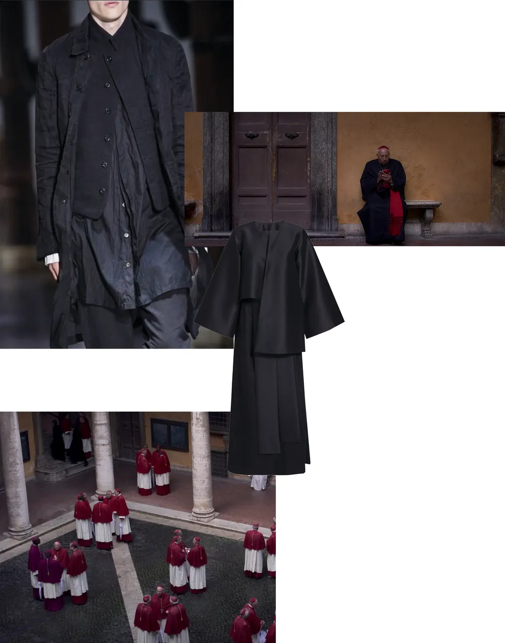 Silentium moodboard: layered black garments and cardinals in a courtyard