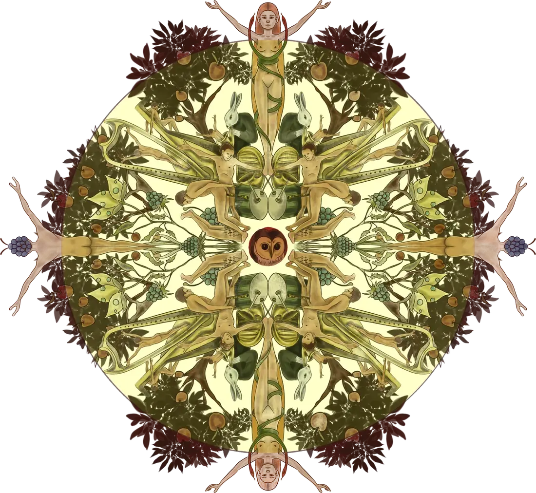 Kaleidoscopic foulard print based on paintings by Hieronymus Bosch