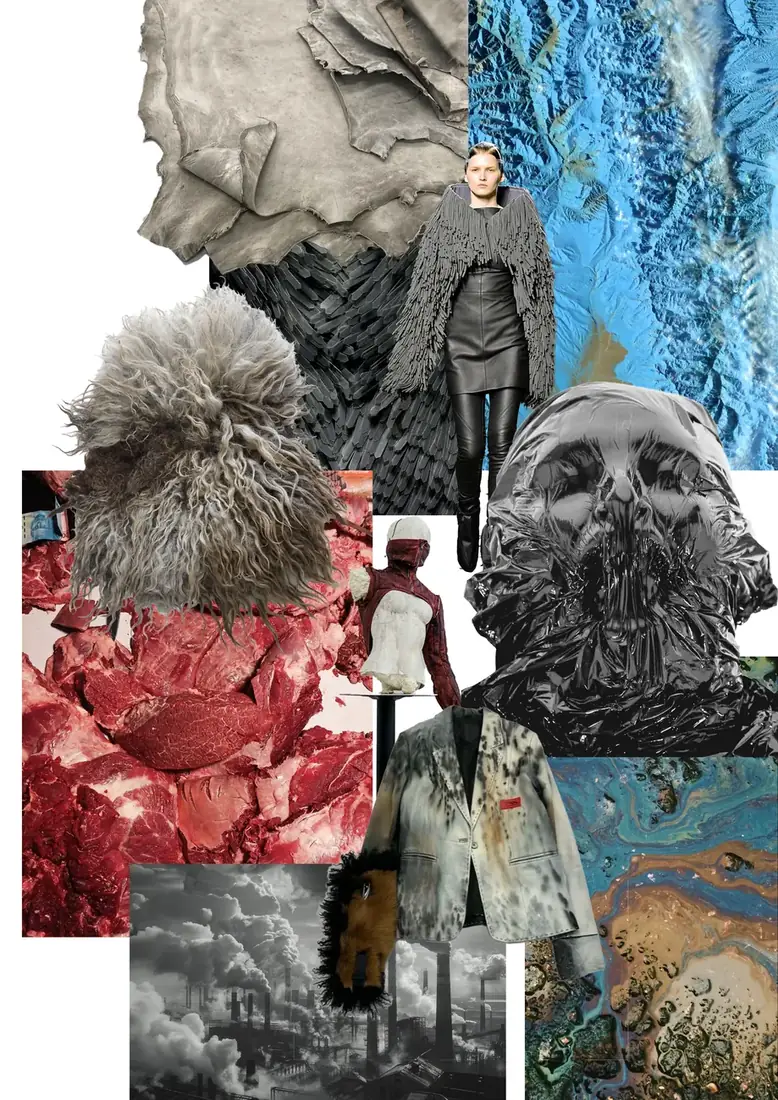 Moodboard: raw meat, shaggy fur, smog, crumpled leather, a stained blazer