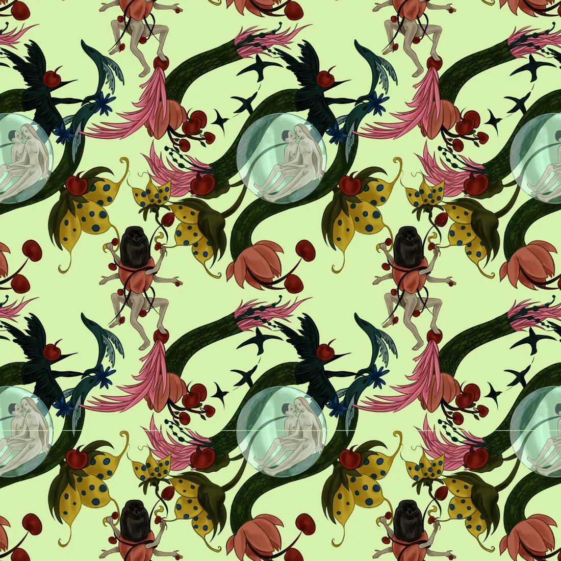 PAT 1, repeat print with figures, flowers and birds