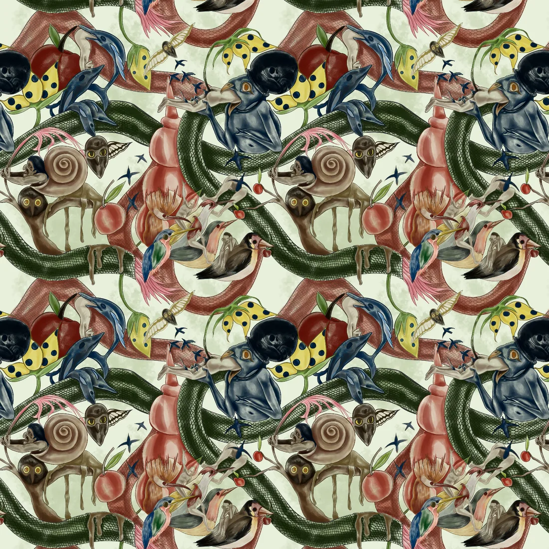 PAT 2, repeat print with birds, snakes and fruit
