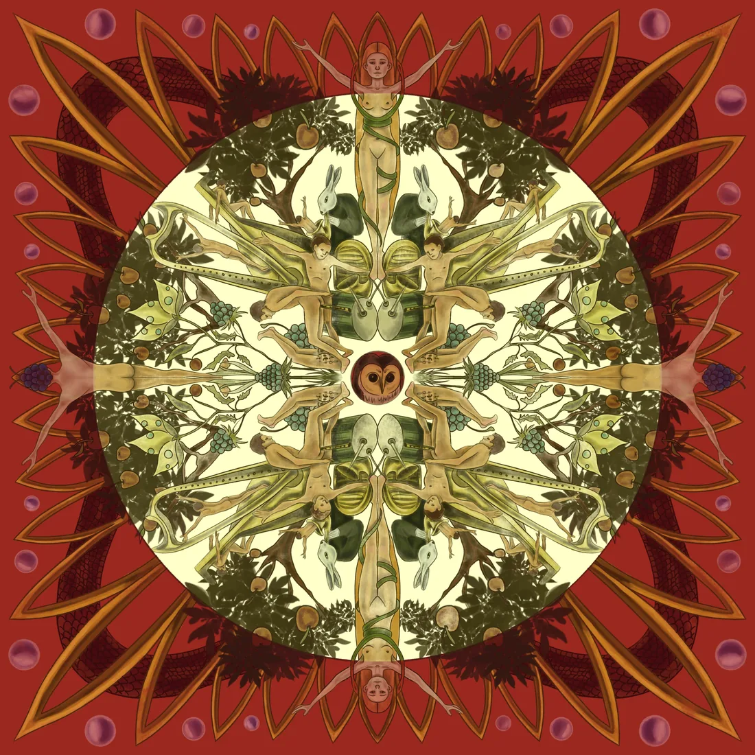 Foulard print with a red border and a Bosch-inspired central medallion