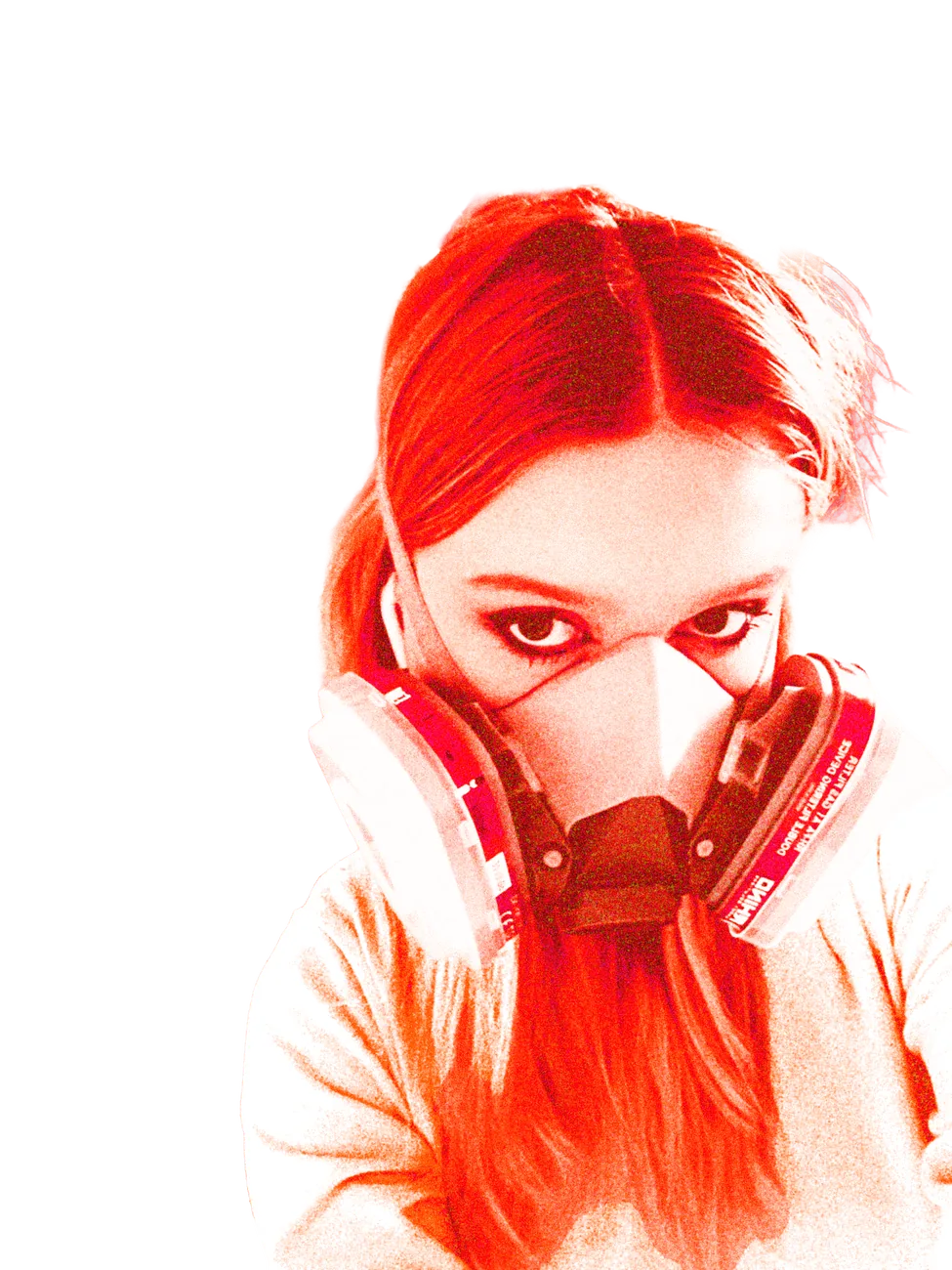 Portrait in red wearing a respirator mask
